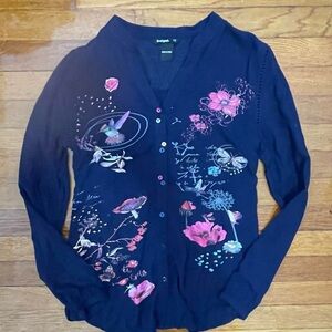 Desigual Navy Cardigan with Pink and Light Blue Floral Accents